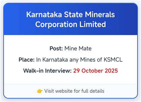 Mine Mate Vacancy at KSMCL - 4 Posts - Walk-in on 29 Oct 2025