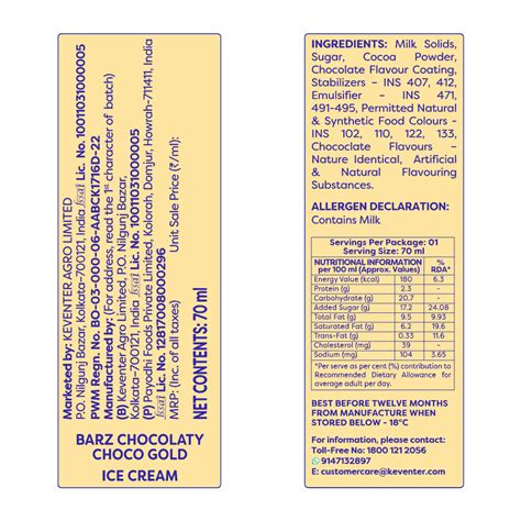 Keventer Metro Chocolaty Choco Gold Bar Ice Cream - 70ml (Pack of 10 ...