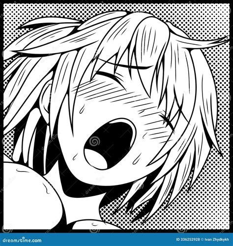 Manga-style Black and White Illustration, Blushing Anime Girl, Intense ...
