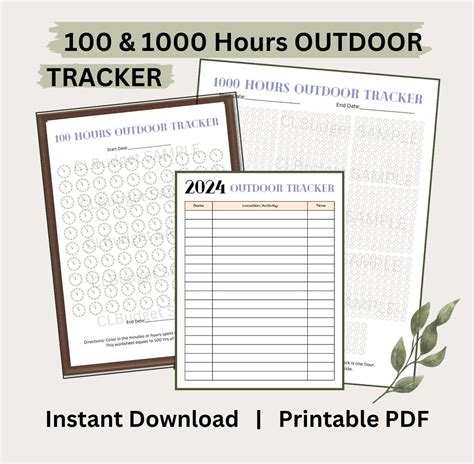 OUTDOOR HOUR TRACKER Printable, 100 Hours Outside Tracker, 1000 Hours ...