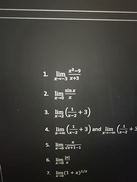 Solved limx→-3x2-9x+3limx→0sinxxlimx→2(1x-2+3)limx→∞(1x-2+3) | Chegg.com