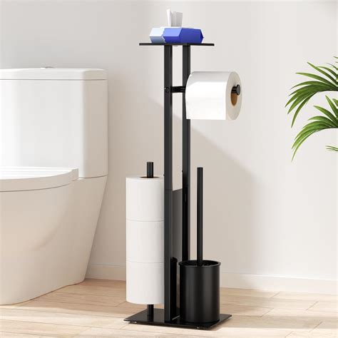 Black Freestanding Toilet Paper Stand - Roll Holder with Shelf & Brush