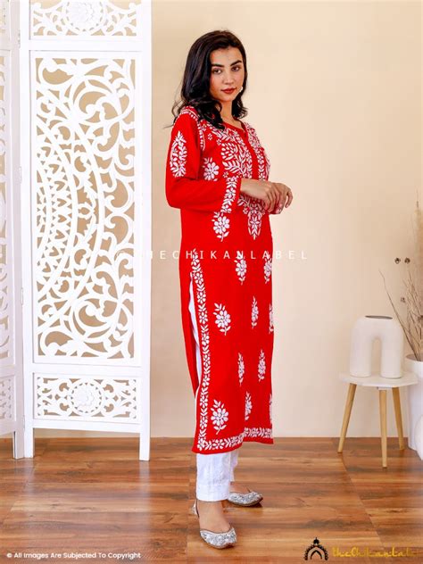 Red Aiman Rayon Chikankari Straight Kurti