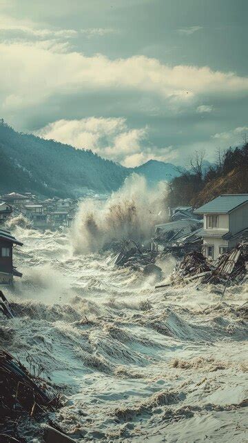 Destruction caused by tsunami showing powerful waves and debris ...