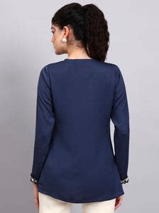 Women Blue V-Neck Top With Embellished Neckline And Cuff Detailing