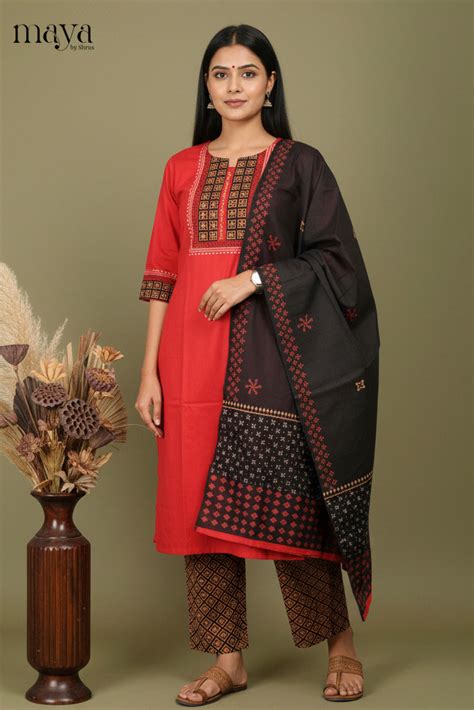 Striking Red Geometric Printed Cotton Salwar Suit Set – Maya by Shrus