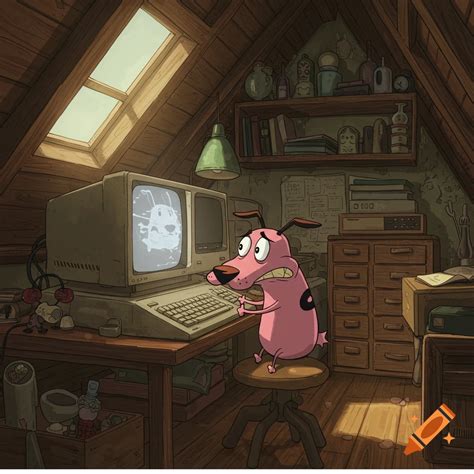 Courage the Cowardly Dog looking scared at a computer screen in a ...
