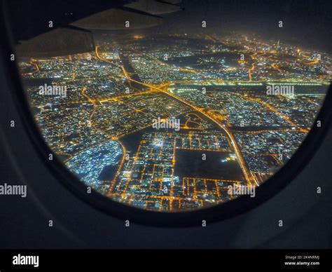 Aeriel view of Dubai skyline in night from an aeroplane,Dubai skyline ...