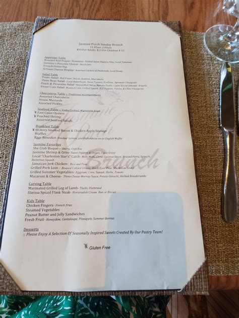 Menu at Jasmine Porch at The Sanctuary steakhouse, Kiawah Island