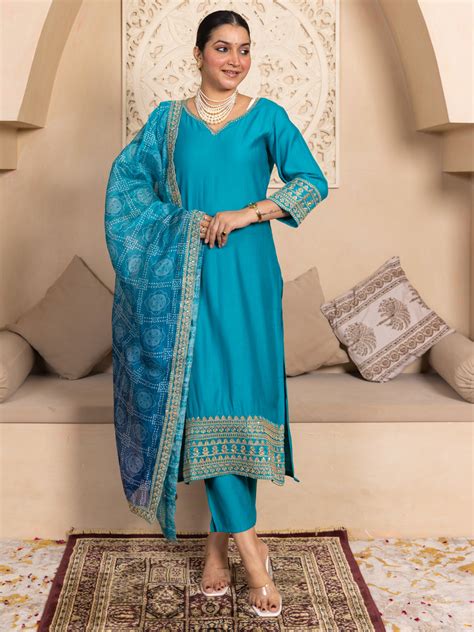 Prakriti Rama Kurta and Pant Dupatta Sets Silk Blend Fabrics with Embr ...