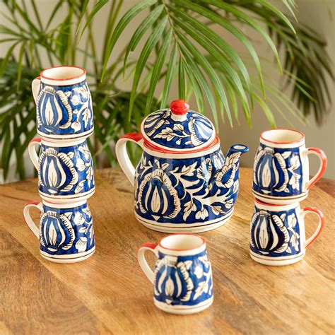 ExclusiveLane 'Mughal Heritage' Ceramic Tea Pot with Cup Set (6 Cups ...