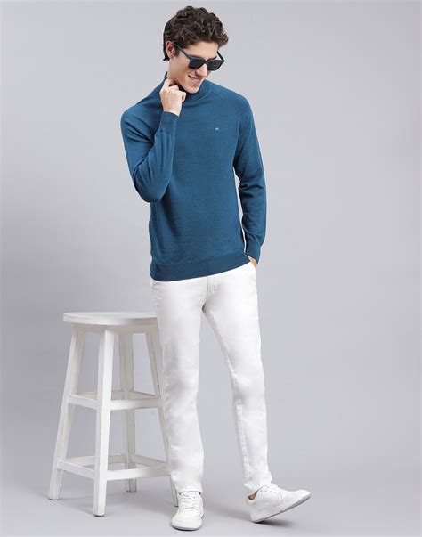 Buy Men Teal Blue Solid High Neck Full Sleeve Pullover Online in India ...