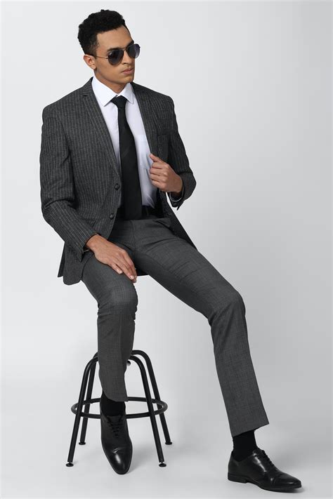 Buy Men Grey Stripe Slim Fit Formal Blazer Online - 677209 | Van Heusen