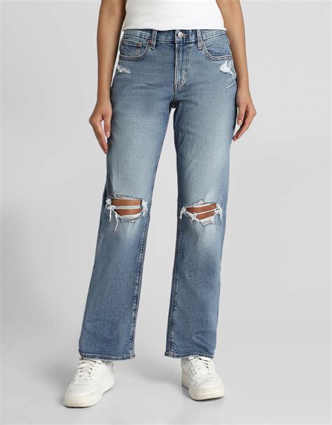 Buy American Eagle Women Blue Stretch Curvy Ripped Straight Jean Online ...