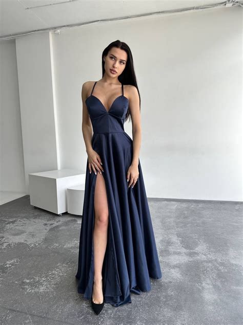 Satin Navy Blue Dress, Dark Blue Slit Dress, Navy Blue Prom Dress, Navy ...