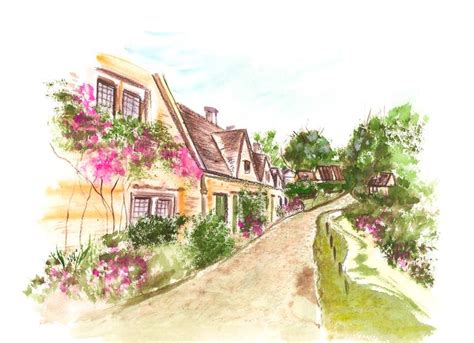 Watercolor painting of a village street with flowers in green trees ...