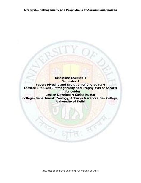 Life Cycle, Pathogenicity and Prophylaxis of Ascaris lumbricoides ...