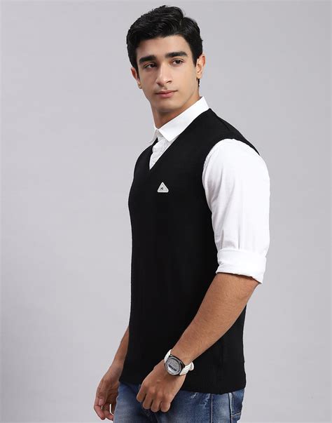 Buy Men Black Solid V Neck Sleeveless Sweater Online in India - Monte Carlo