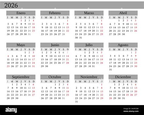 2026 Yearly Calendar Vector in Spanish, Monday Start, Clean Design ...