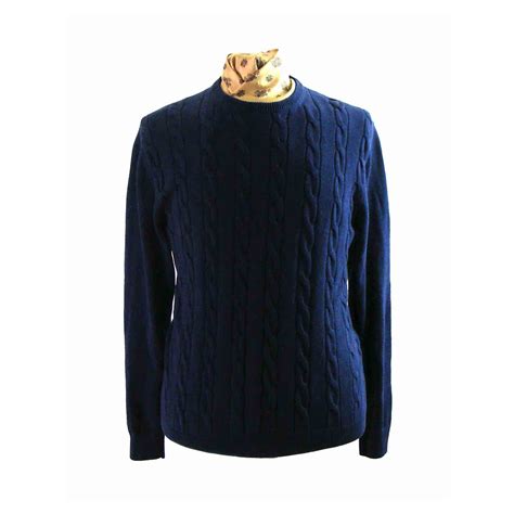 Navy Blue Cotton Cable Knit Sweater - L - Blue 17 Vintage Clothing