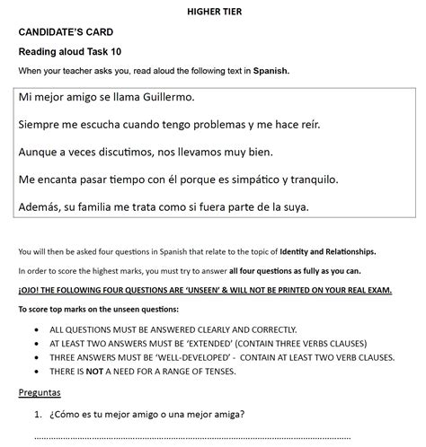 2026 AQA GCSE Spanish Speaking Read Aloud Task Booklet HIGHER TIER ...