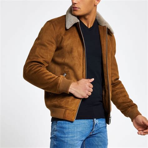 Light brown faux suede fleece collar jacket | Borg collar jacket ...
