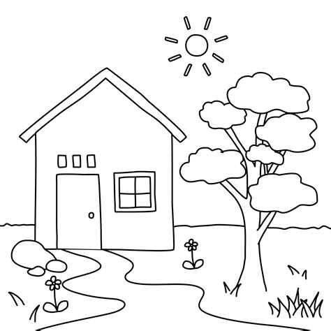 House Drawing with Village Environment for Coloring Children Book Isolated on White Background ...