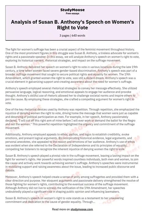 Analysis of Susan B. Anthony's Speech on Women's Right to Vote Free ...