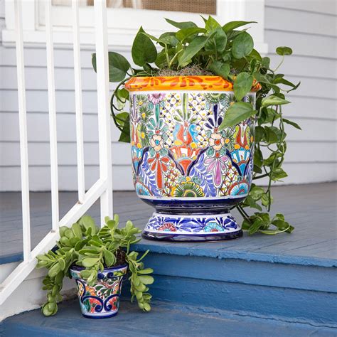 Mexican Pottery Planters Large Trendspot 16 In. Teal Talavera Cantina