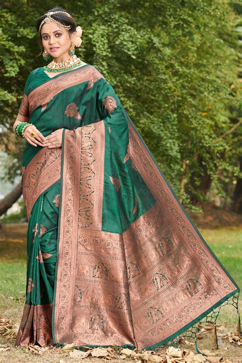 Buy Bottle Green Banarasi Saree 58951 Online | Karagiri