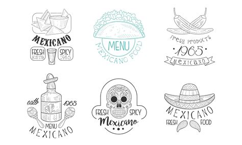 Premium Vector | Set of 6 sketch style emblems for mexican restaurant ...