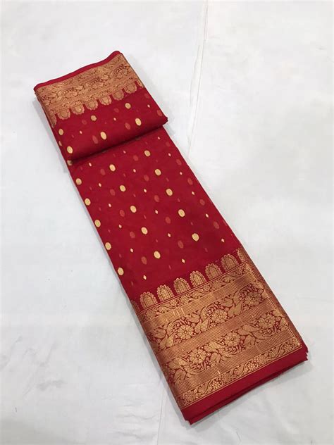 TRADITIONAL RED BRIDAL DESIGNER KATAN SILK SAREE WITH GOLDEN BUTTIES A ...