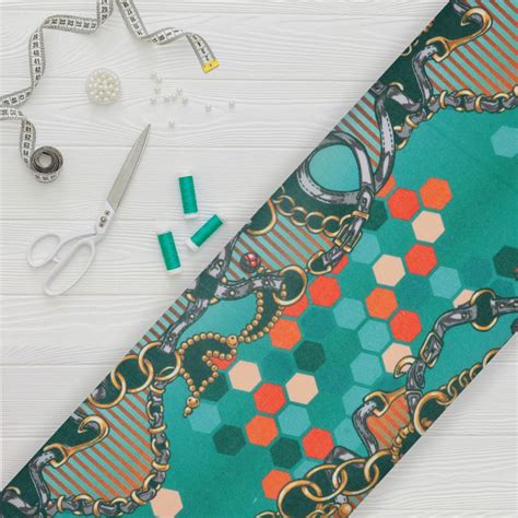 Ocean Blue And Orange Chain Pattern Digital Print Rayon Fabric – Fabmyntra