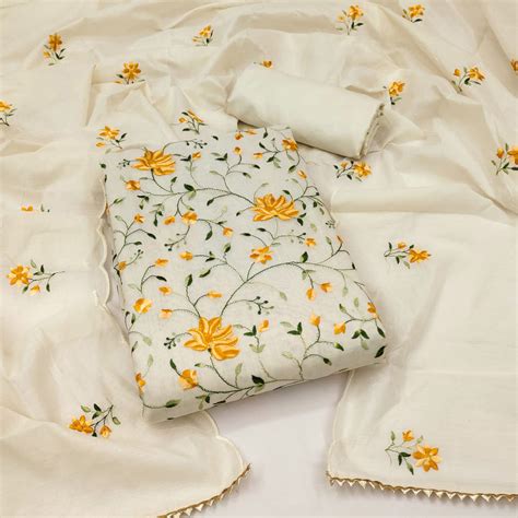 Off White & Yellow Floral Embroidered Chanderi Silk Dress Material