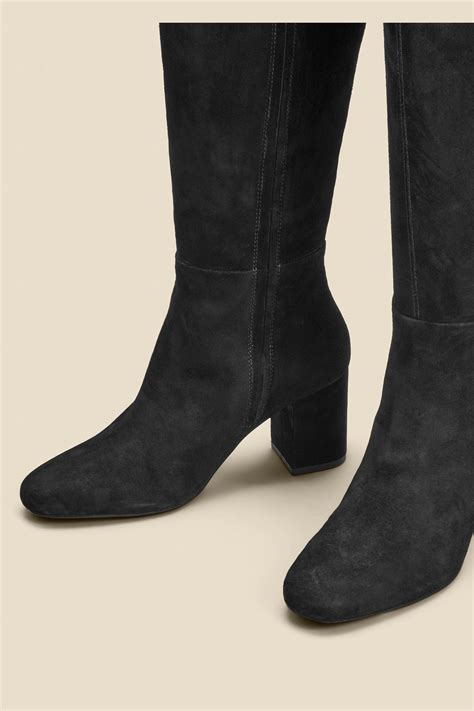Buy Sosandar Black Stretch Suede Low Block Heel Knee High Boots from ...