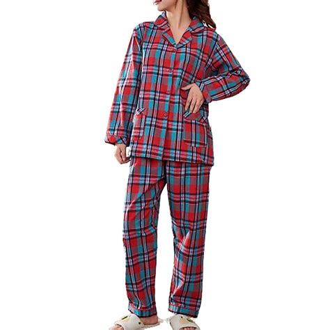 TMOYZQ Cotton Pajama Set for Women Soft Plaid Long Sleeve Flannel ...