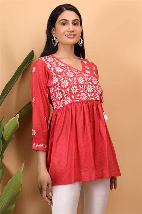 Shwet Women Red Chikankari Angarkha Top – Okhaistore