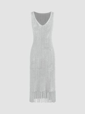 Buy Cider Knit V-Neck See-Through Fringe Hollow Out Midi Dress (S) Online