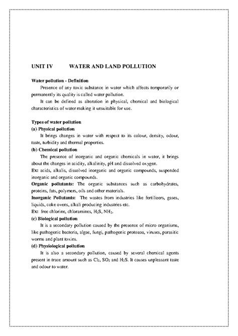 WATER AND LAND POLLUTION SUMMARY - UNIT IV WATER AND LAND POLLUTION ...