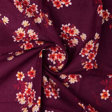 Digital Printed Pure Cotton Fabric - Floral Burgundy - Unstitched ...