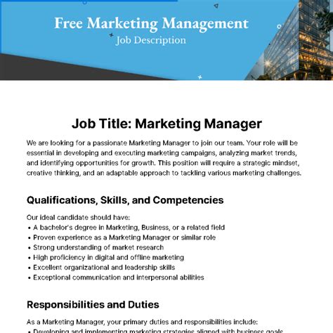 Free Marketing Management Job Description Template to Edit Online
