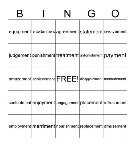 Words that end in Ment ! Bingo Card