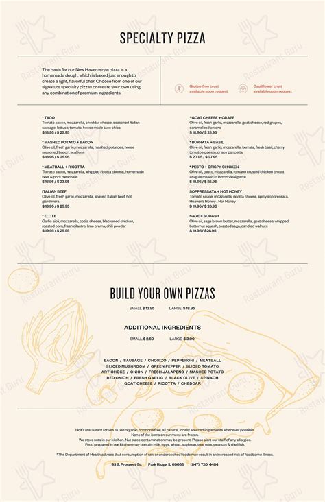 Menu at Holt's pizzeria, Park Ridge