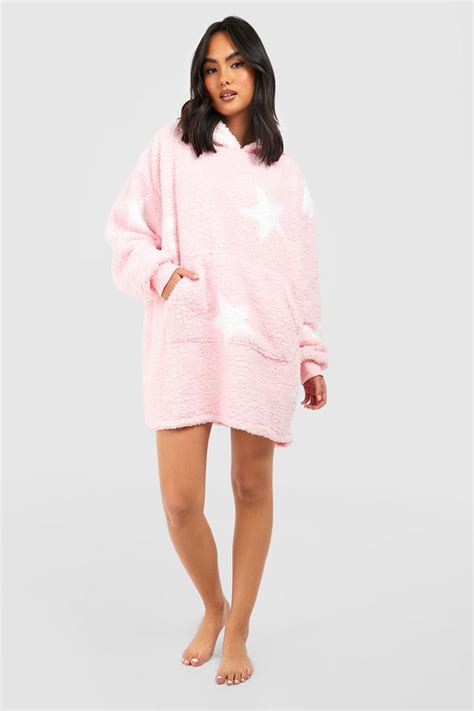 Star Print Borg Fleece Oversized Blanket Hoodie | boohoo UK