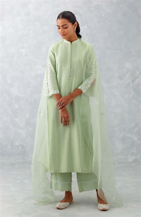 Devnaagri - Sea Green Pintuck Embroidered Kurta Set