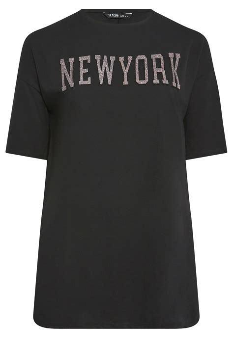 YOURS Curve Black 'New York' Glitter Embossed T-Shirt | Yours Clothing