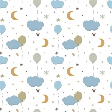 Kids bedroom pattern with pastel moon, balloons, clouds and stars. Baby ...