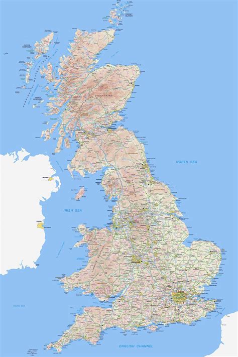 Large detailed road map of Britain with relief, all villages, cities and airports | United ...