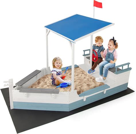 Amazon.com: Costzon Pirate Ship Sandbox with Canopy, Fir Wood Boat Sand Box w/Flag, Rudder ...
