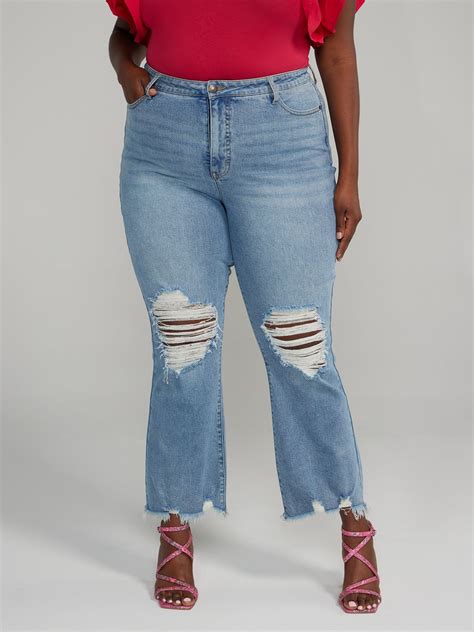 Plus Size High Rise Destructed Flare Jeans | Fashion to Figure